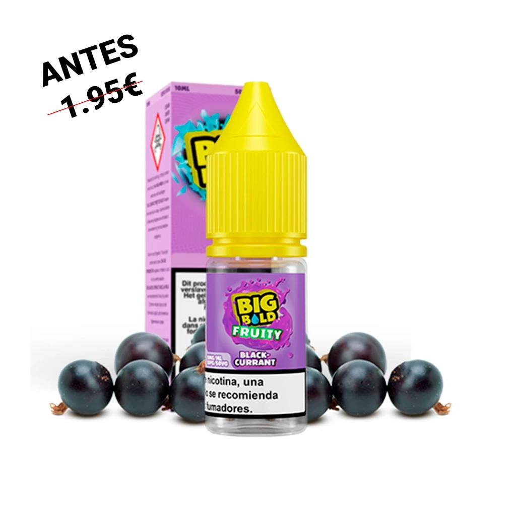Frasco Big Bold Fruity Blackcurrant con tapón amarillo y etiqueta morada, junto a su caja y varias grosellas negras.