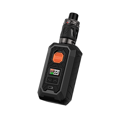 Vaporesso Armour Max negro en vista inclinada, con depósito superior, botón naranja y pantalla frontal que muestra 220. Vaporesso Armour Max negro en vista inclinada, con depósito superior, botón naranja y pantalla frontal que muestra 220.