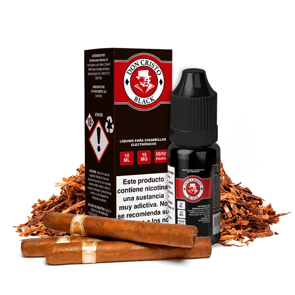 Frasco y caja Don Cristo Black en negro y rojo, con etiquetas de 10 ml y 10 mg, rodeados de tabaco suelto y puros.