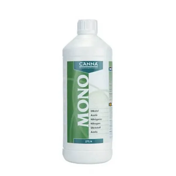 Botella blanca de nitrógeno CANNA, con tapón de rosca y etiqueta verde con la palabra MONO en vertical.
