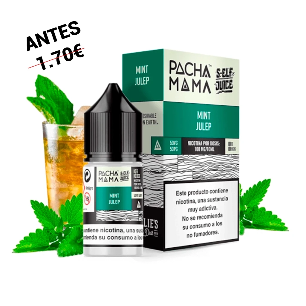 Frasco de Pachamama Self Juice Salts Mint Julep V2 junto a su caja verde y blanca, con hojas de menta y un vaso con hielo al fondo.