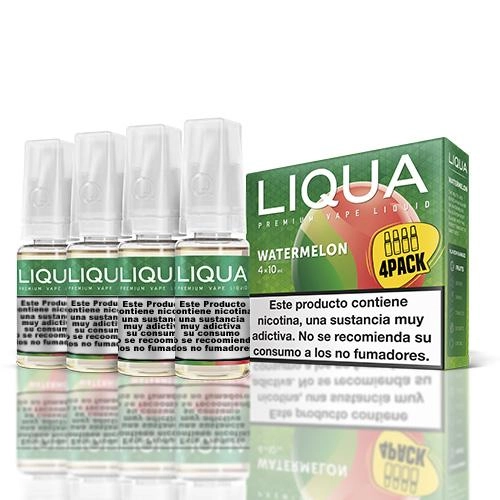Frascos de e-líquido Liqua Watermelon junto a una caja verde con ilustración de sandía, texto «4PACK» y advertencia sobre nicotina.