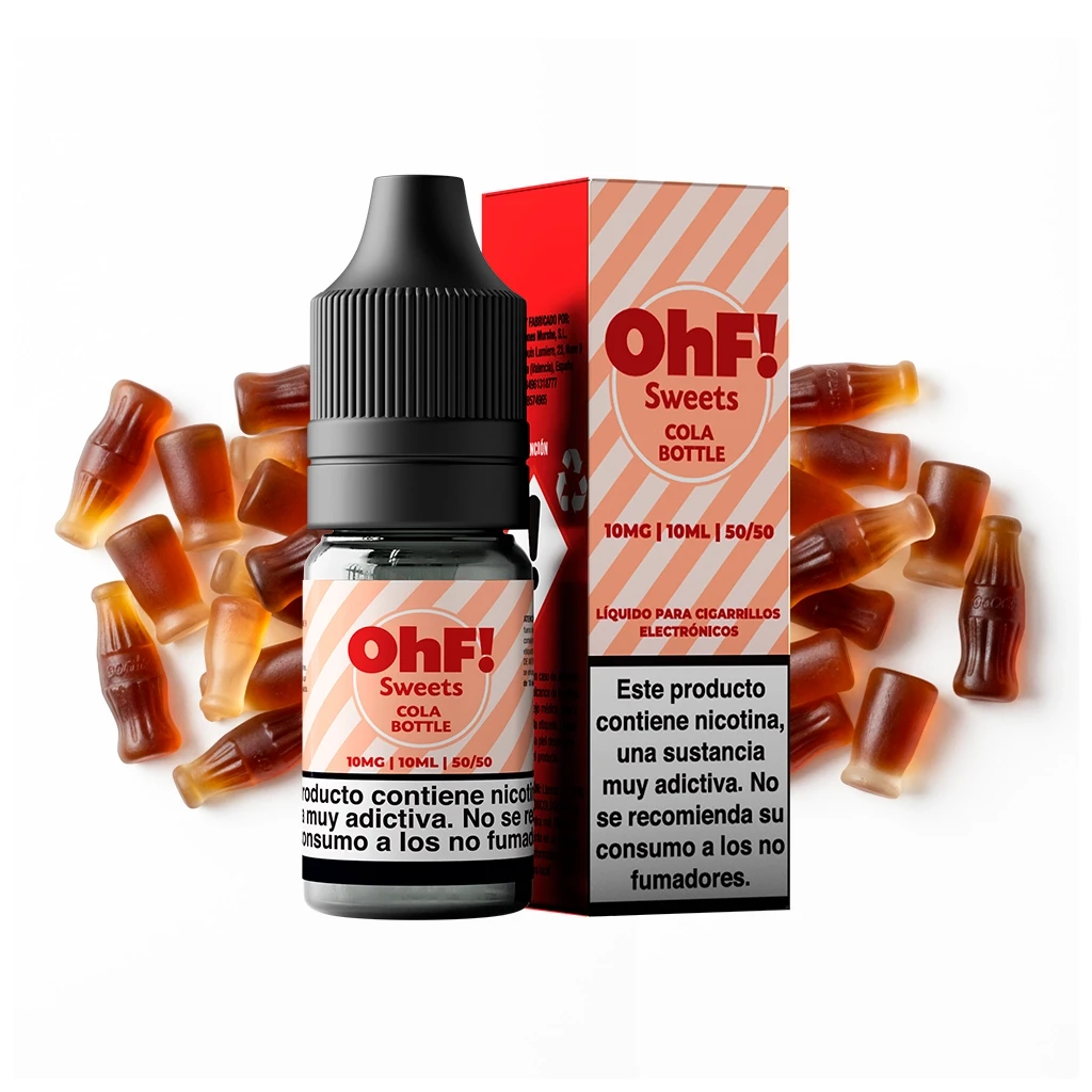 Frasco OhF! Sweets Cola Bottles con tapón negro y caja de rayas rosas, rodeados de gominolas con forma de botella de cola.