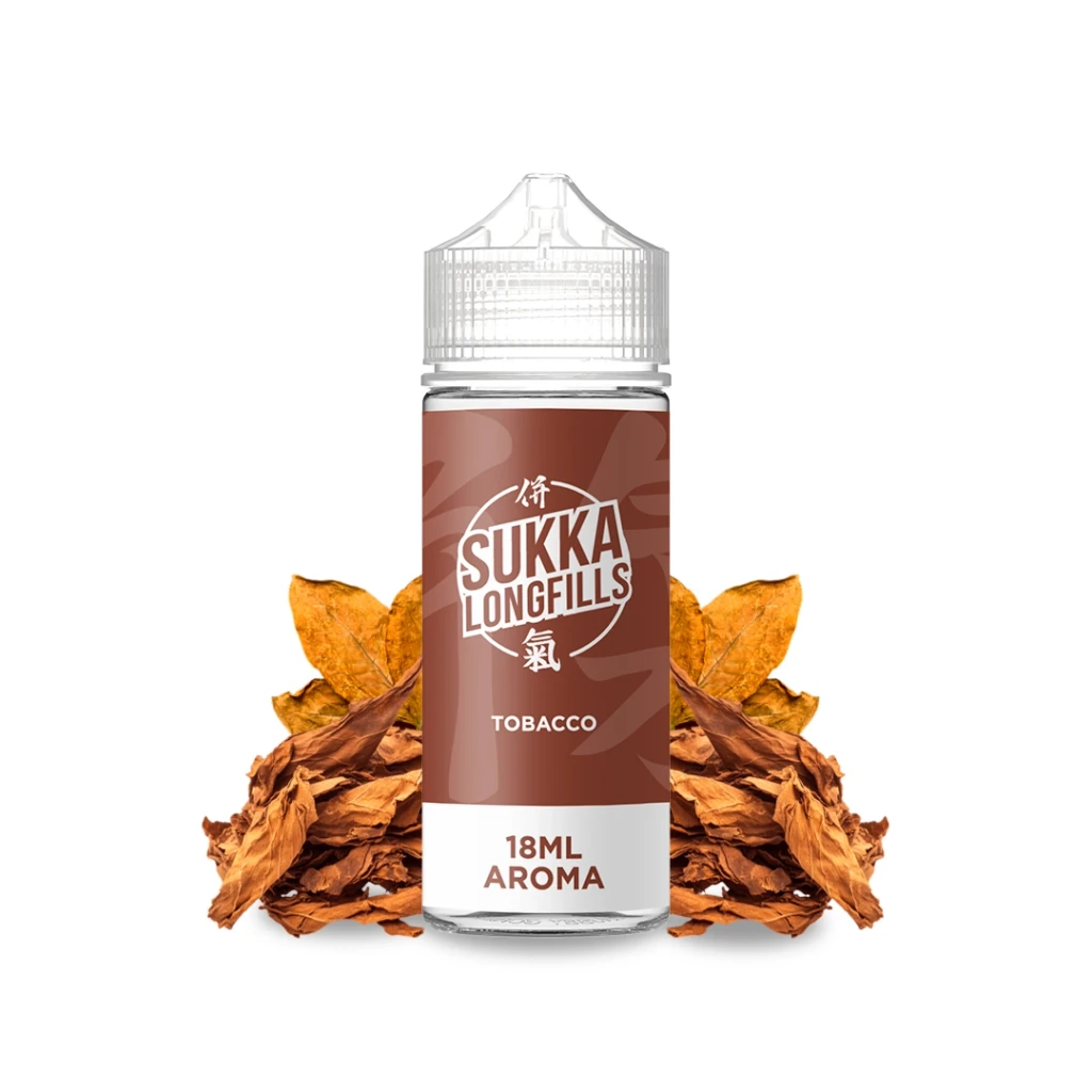 Frasco Sukka Tobacco Longfill con tapón transparente y etiqueta marrón que indica «18ML AROMA», delante de hojas secas de tabaco.