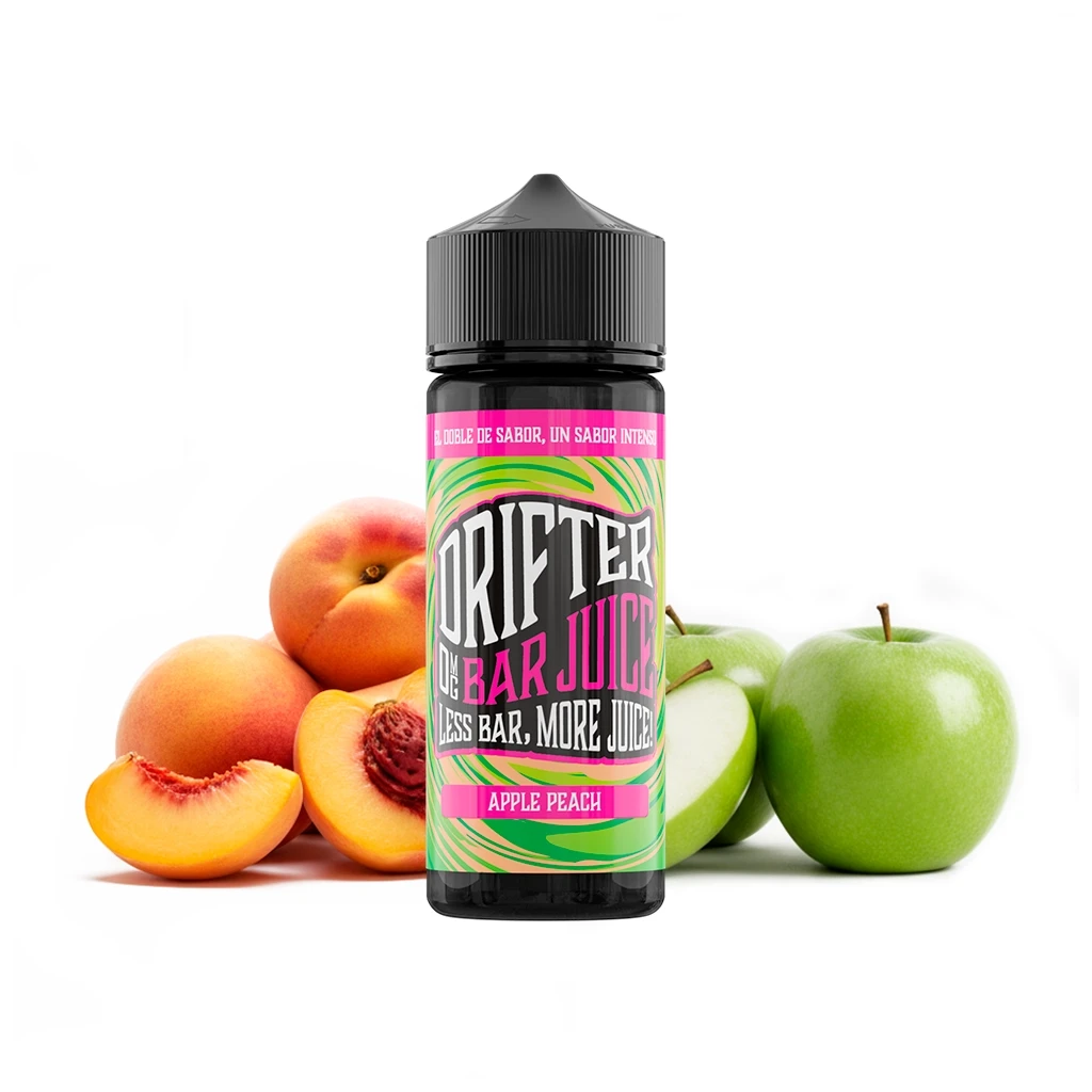 Frasco Drifter Bar Apple Peach con tapón negro y etiqueta verde y rosa, delante de manzanas verdes y melocotones enteros y cortados.