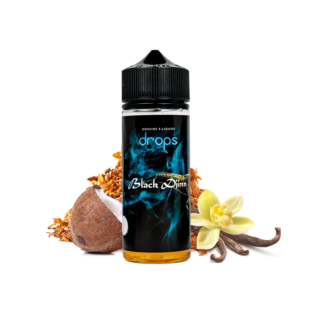 Frasco Drops Black Djinn con tapón negro y etiqueta de humo azul, junto a medio coco, hebras de tabaco, una flor y vainas de vainilla.