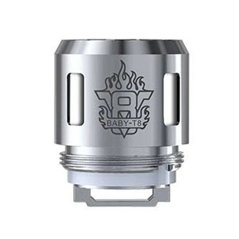 Resistencia SMOK TFV8 V8 Baby T8 de acabado plateado, con aberturas laterales, rosca inferior y emblema grabado con el texto BABY-T8.