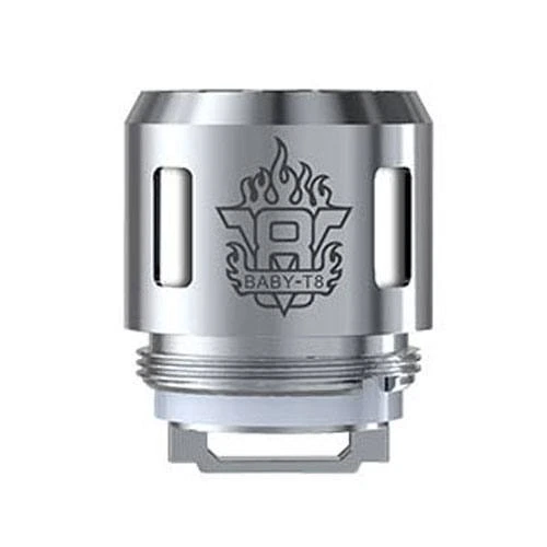 Resistencia SMOK TFV8 V8 Baby T8 de acabado plateado, con aberturas laterales, rosca inferior y emblema grabado con el texto BABY-T8.