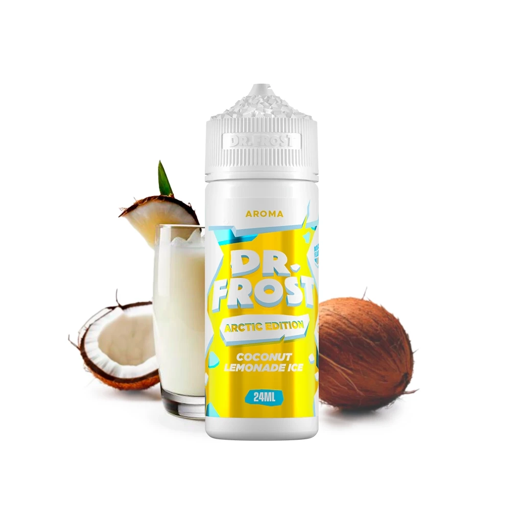 Bote de Dr Frost Coconut Lemonade Ice de 24 ml, con etiqueta amarilla, junto a cocos y un vaso de bebida blanca sobre fondo blanco.