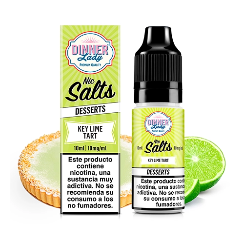 Frasco y caja de Dinner Lady Salts Key Lime Tart, con etiquetas verdes de 10 ml y 10 mg/ml, junto a una tarta y lima cortada.