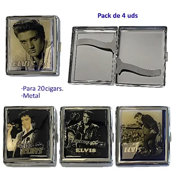 Selección de pitilleras metálicas con distintos retratos de Elvis y una vista abierta con sujeciones interiores; se indica pack de 4.