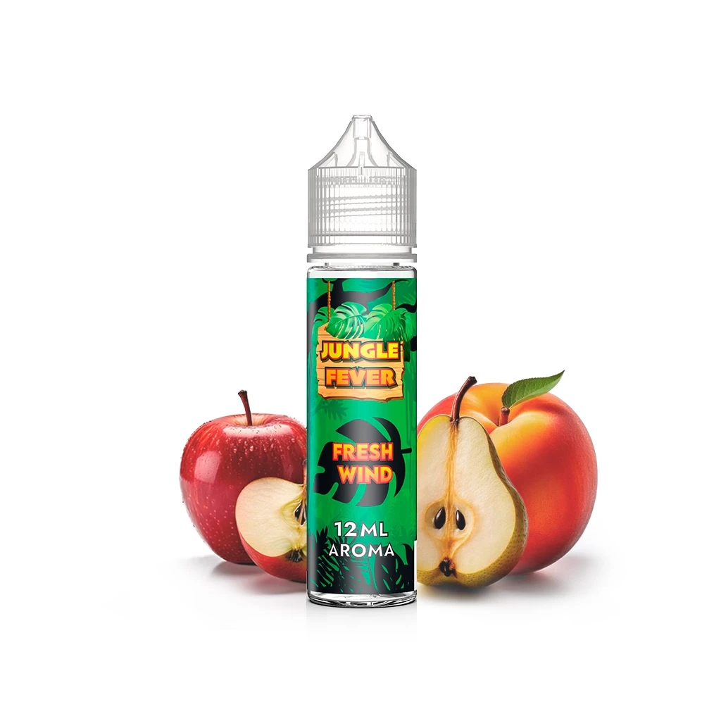 Frasco Jungle Fever Fresh Wind con etiqueta verde de 12 ml y tapón transparente, rodeado de manzana, pera y melocotón.