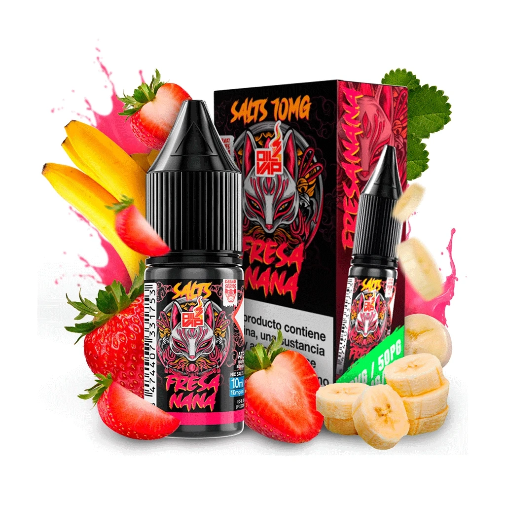 Kabuki Salts Fresanana de Oil4Vap en frascos junto a su caja con máscara ilustrada, rodeados de fresas y plátanos sobre fondo blanco.