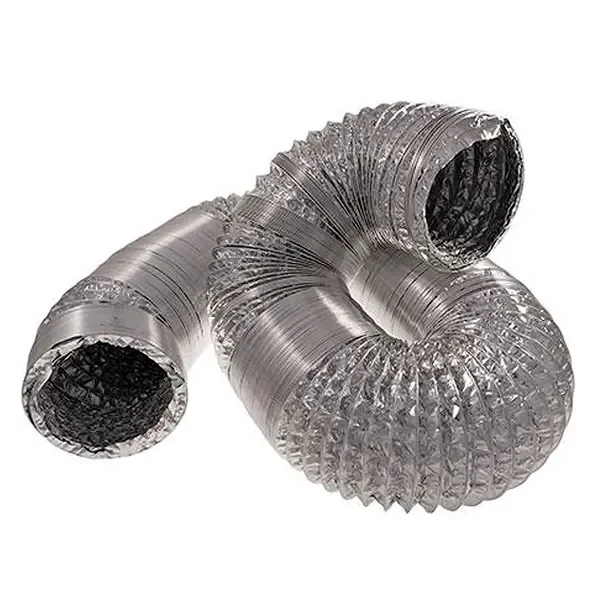 Tubo flexible de aluminio ALU+ plateado, curvado sobre sí mismo, con superficie corrugada y ambos extremos abiertos sobre fondo blanco. Tubo flexible de aluminio ALU+ plateado, curvado sobre sí mismo, con superficie corrugada y ambos extremos abiertos sobre fondo blanco.