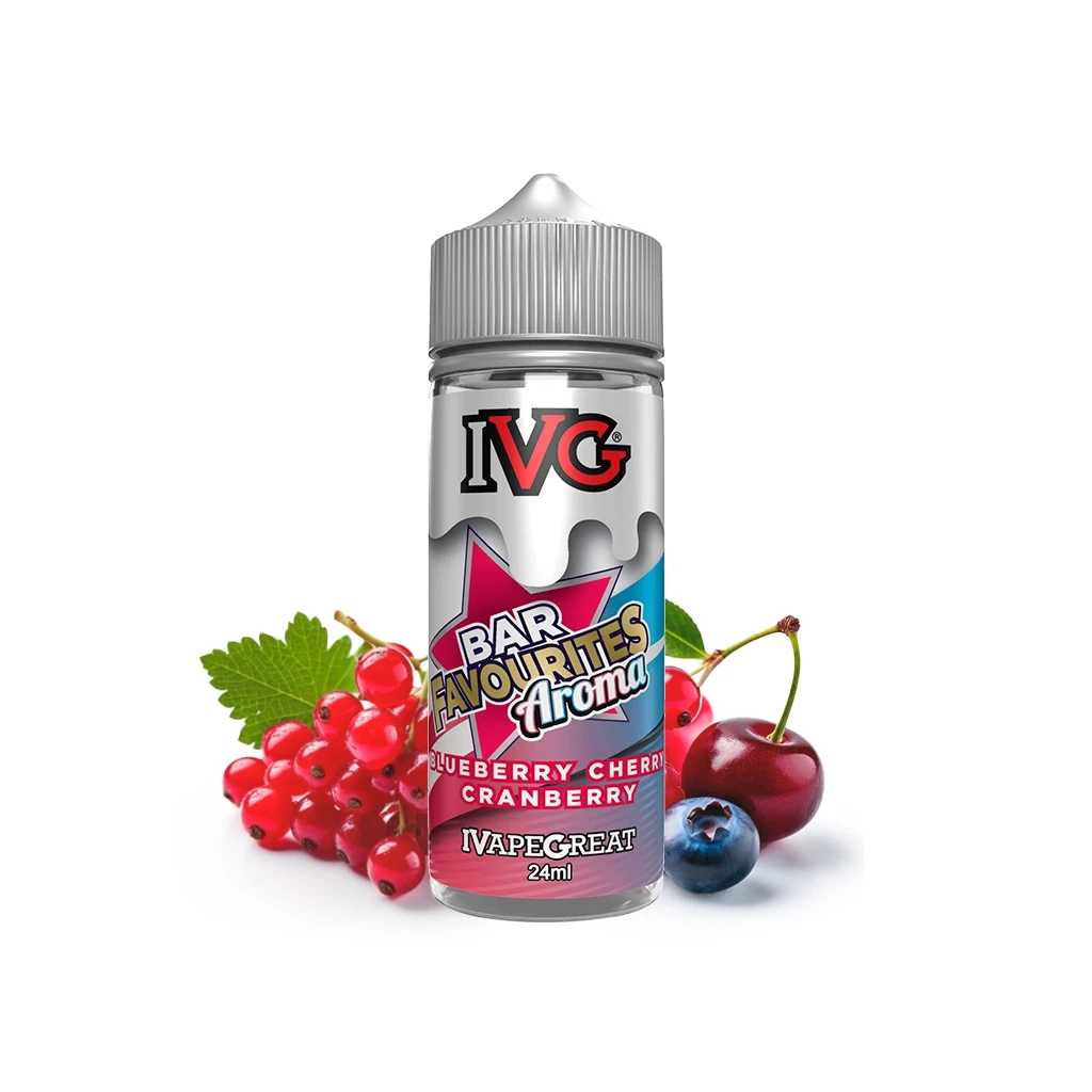 Bote IVG Bar Favourites Aroma Blueberry Cherry Cranberry, con tapón gris y etiqueta de 24 ml, rodeado de frutos rojos y un arándano.