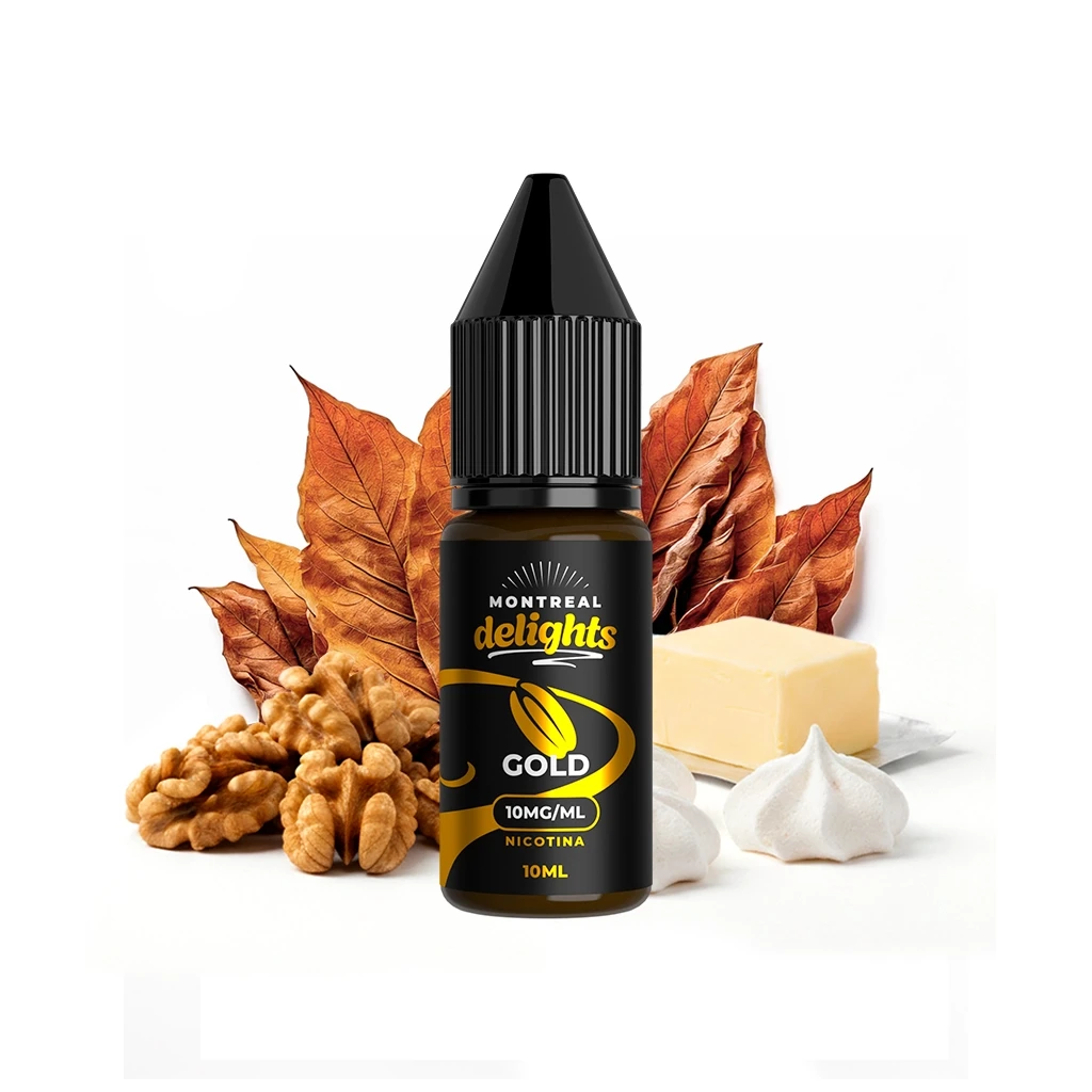 Frasco Montreal Delights Gold de 10 ml y 10 mg/ml, con tapón negro, ante hojas secas, nueces, mantequilla y merengues.