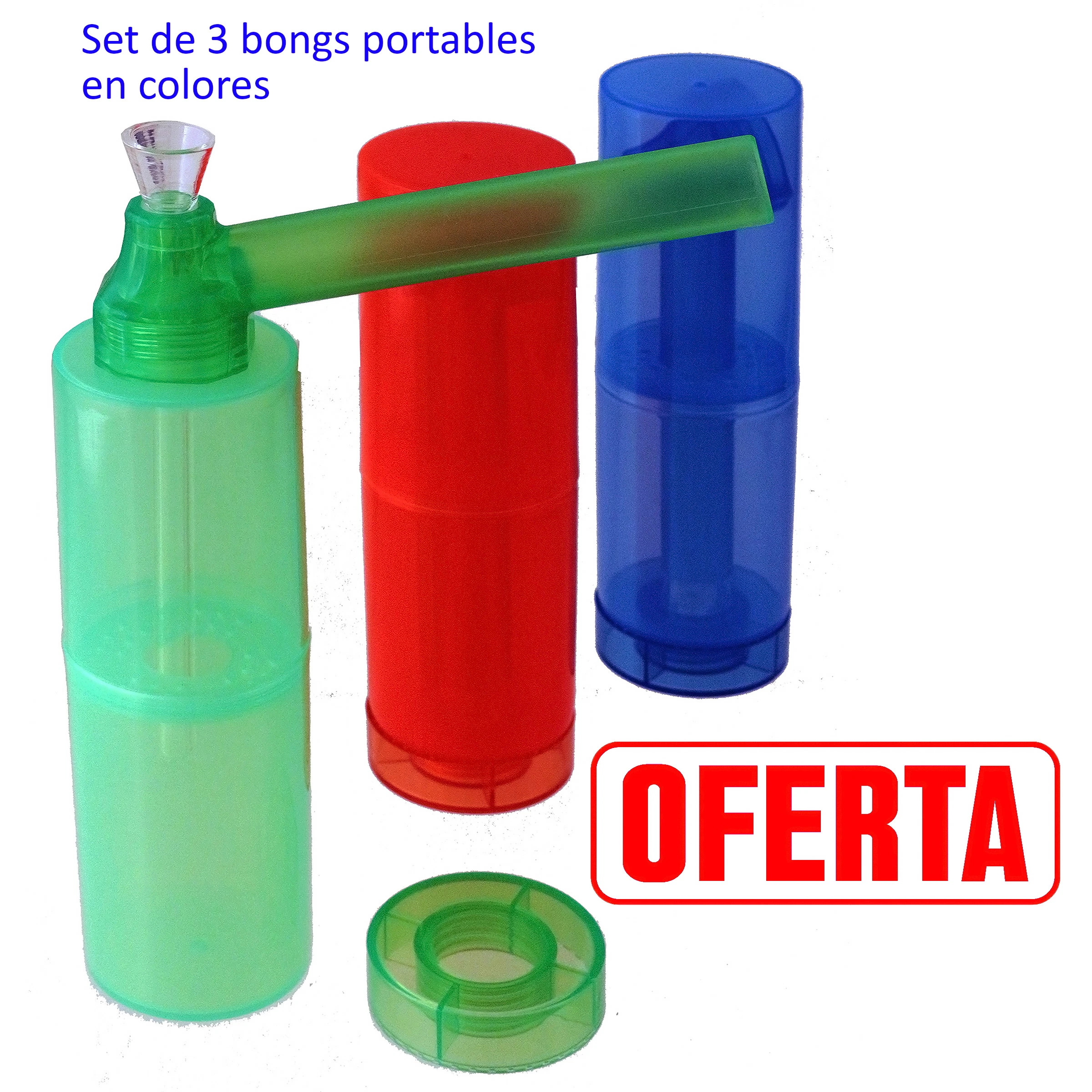 Bongs portátiles en verde, rojo y azul translúcidos; el verde aparece abierto, con tubo lateral, cazoleta y tapa separada.