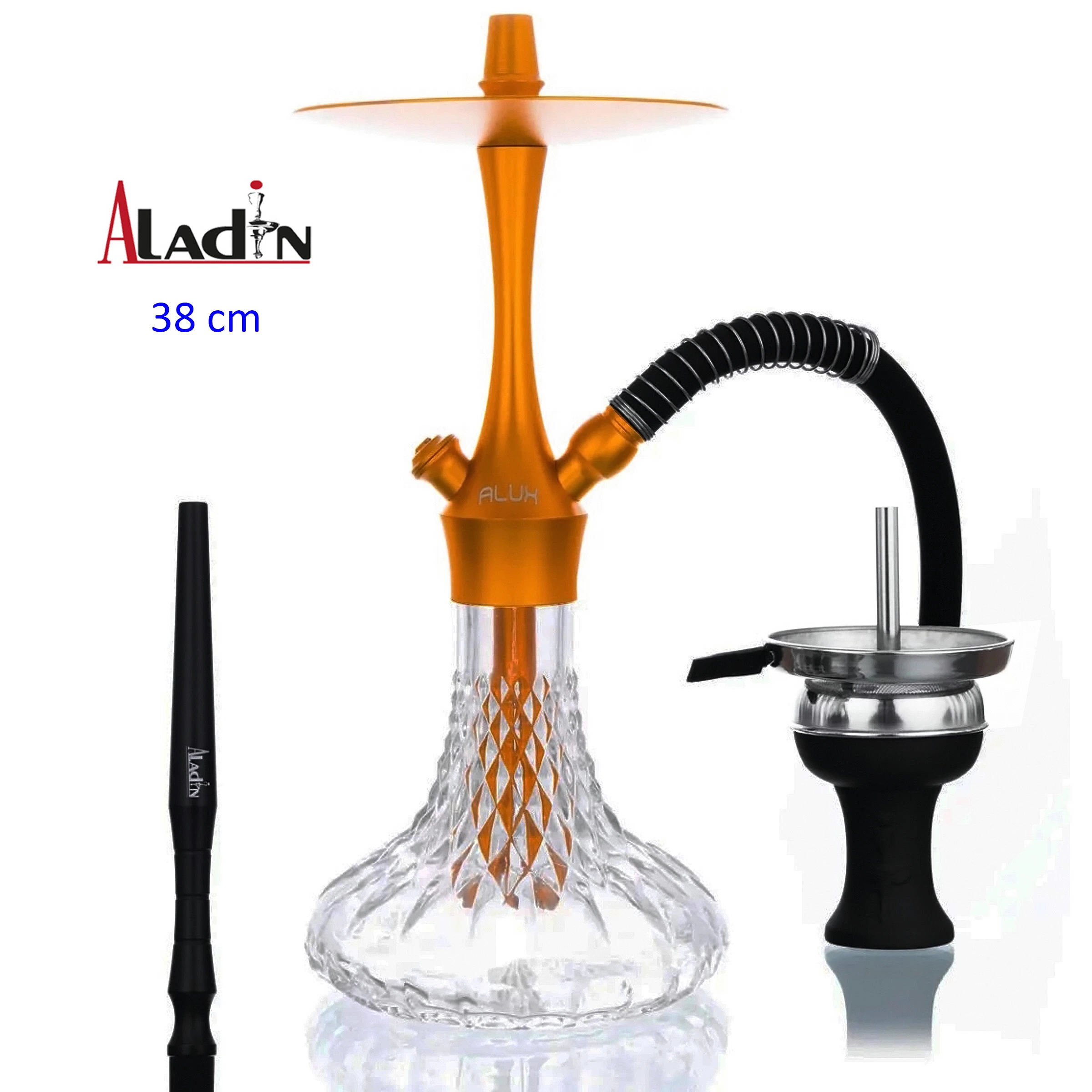 Shisha Aladin Alux 380 dorada con base transparente tallada, manguera negra, boquilla y cazoleta con gestor metálico separados.