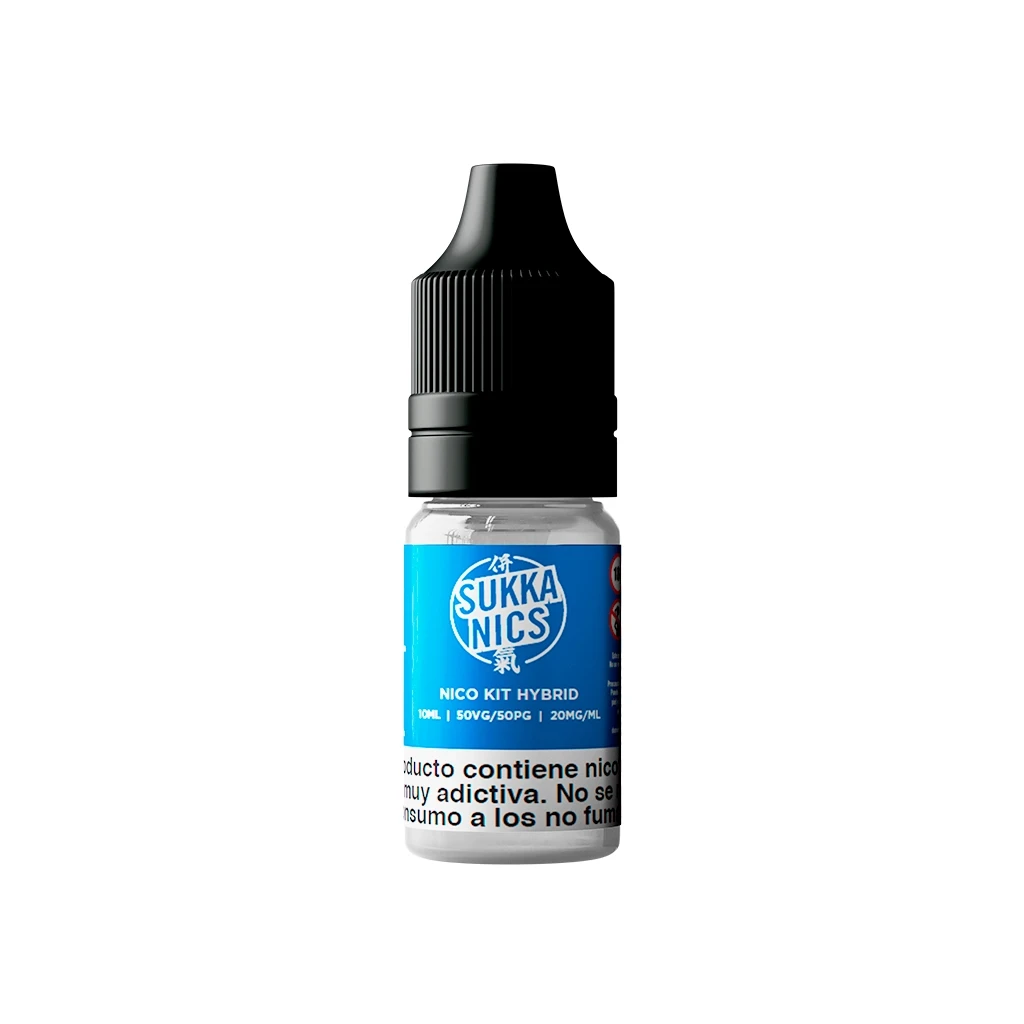 Frasco Sukka Nics Nico Kit Hybrid con tapón negro, etiqueta azul de 10 ml y 20 mg/ml y advertencia sobre nicotina.