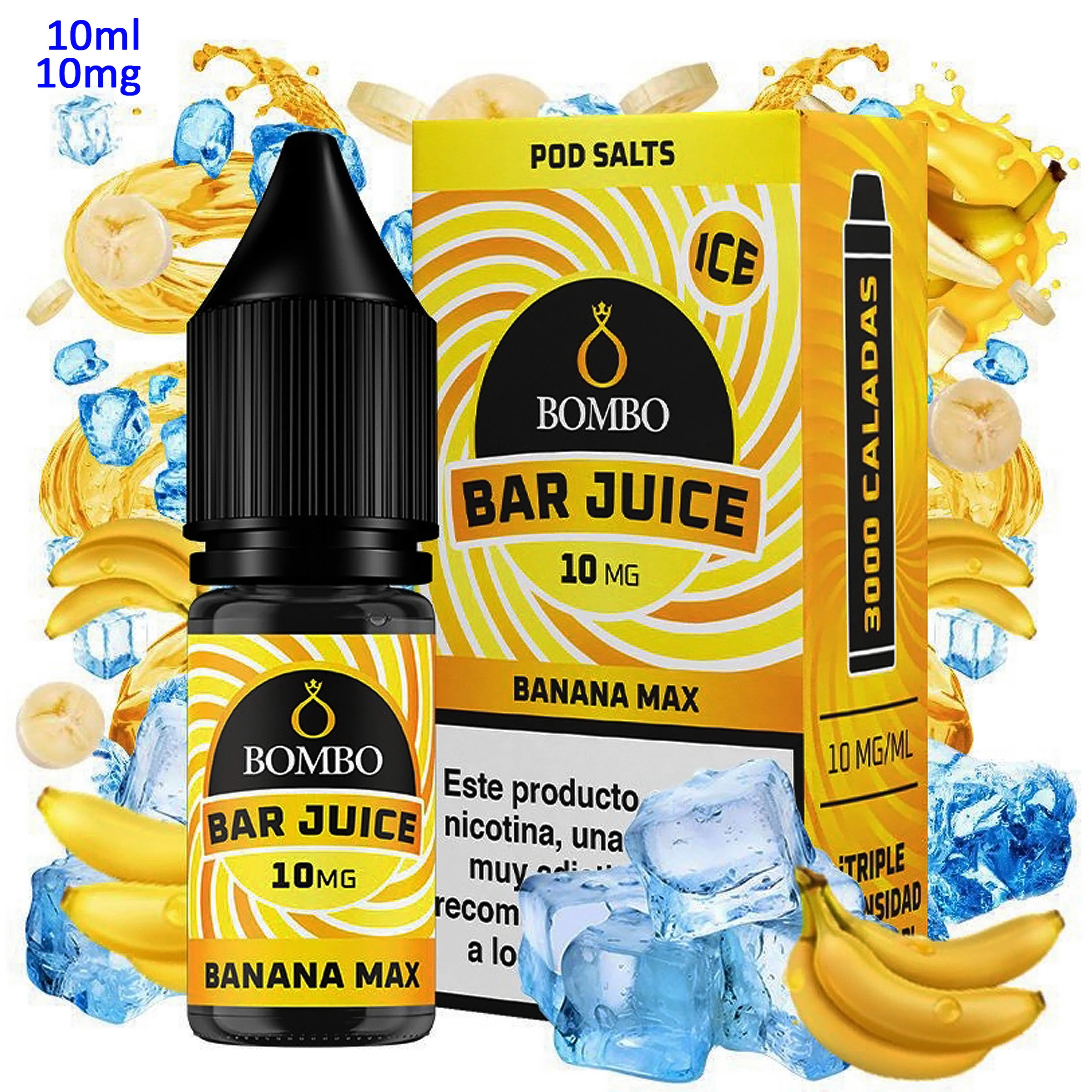 Frasco y caja amarilla de Bar Juice Bombo Banana Max Ice de 10 ml, con etiqueta de 10 mg/ml, rodeados de plátanos y cubitos de hielo.