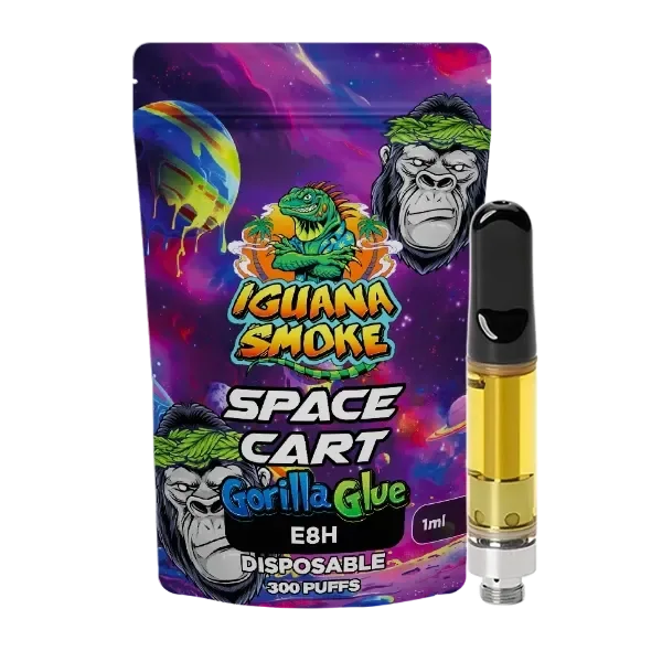 Cartucho con líquido amarillo y boquilla negra junto a una bolsa Iguana Smoke Space Cart Gorilla Glue E8H, con dibujos de gorilas.