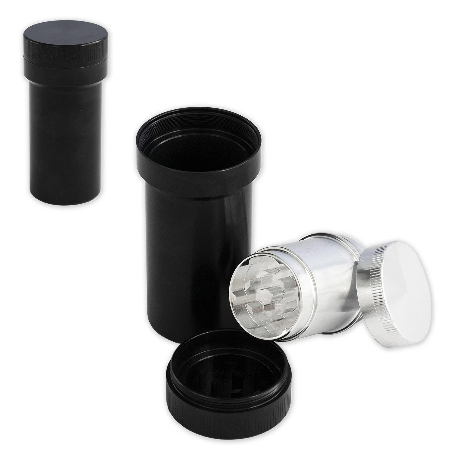 Grinder con almacenamiento cilíndrico negro, mostrado cerrado y desmontado, con dientes interiores y tapas de rosca.