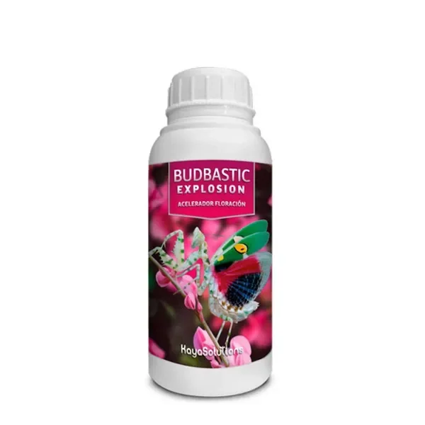 Bote blanco de Budbastic Explosion Kayasolutions con tapón estriado y etiqueta rosa con un camaleón entre flores.