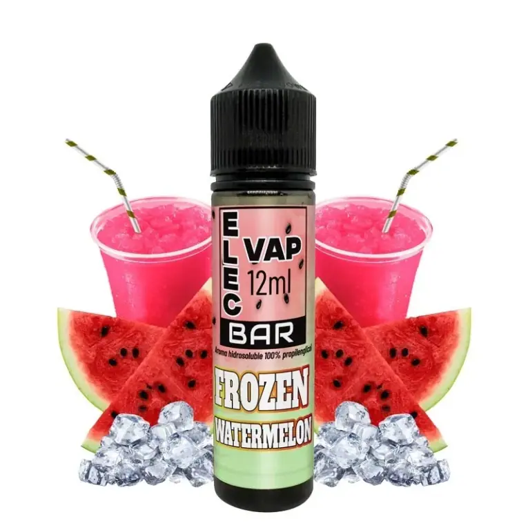 Frasco de aroma Frozen Watermelon de Elecvap, con etiqueta de 12 ml y tapón negro, rodeado de sandía, hielo y vasos de granizado rosa.