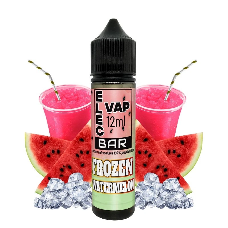 Frasco de aroma Frozen Watermelon de Elecvap, con etiqueta de 12 ml y tapón negro, rodeado de sandía, hielo y vasos de granizado rosa.