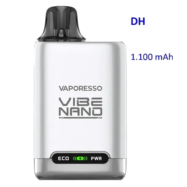 Vaporesso Vibe Nano plateado, con boquilla negra e indicador frontal ECO y PWR, junto al texto de capacidad de 1.100 mAh.