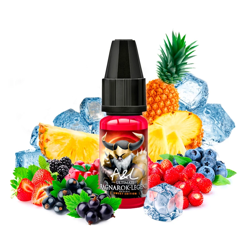 Frasco rojo de aroma A&L Ultimate Ragnarok Legend Sweet Edition con tapón negro, rodeado de piña, frutos rojos y hielo.