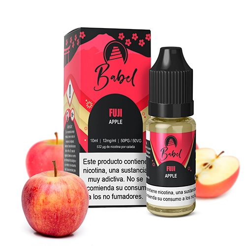 Frasco y caja de e-líquido Babel Fuji Apple, con etiquetas rojas y negras, rodeados de manzanas enteras y una mitad.