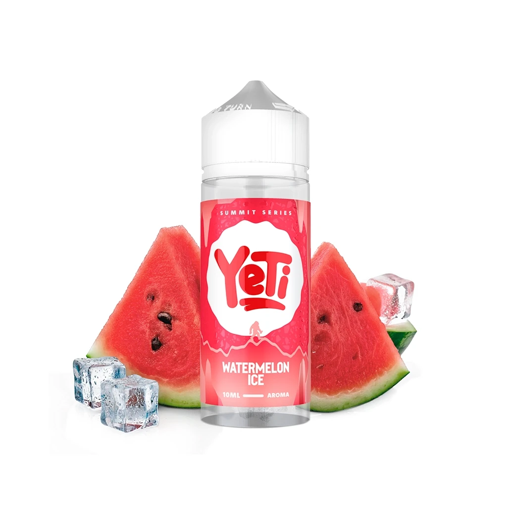 Frasco de Yeti Summit Series Watermelon Ice con tapón blanco y etiqueta roja, delante de rodajas de sandía y cubitos de hielo.
