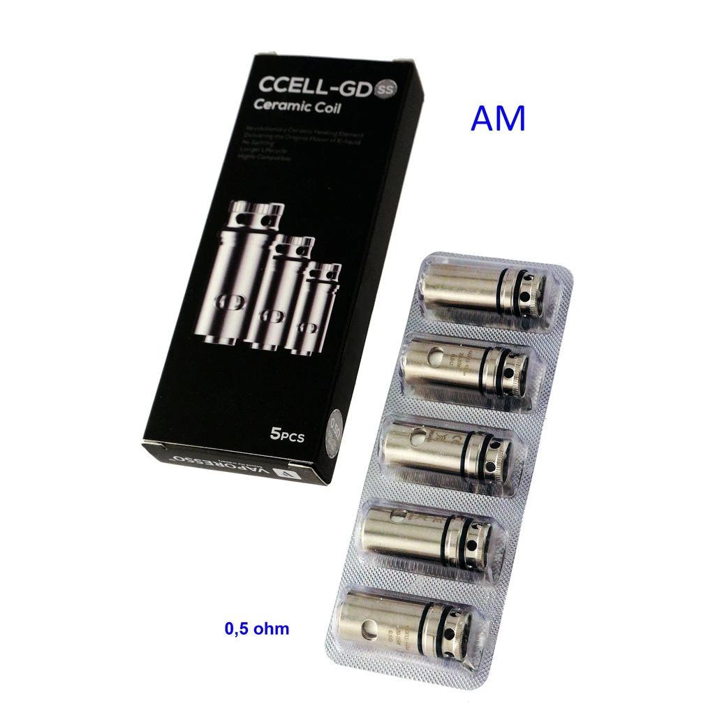 Resistencias Vaporesso CCELL-GD con caja negra y varias unidades en blíster, junto al texto «0,5 ohm». Resistencias Vaporesso CCELL-GD con caja negra y varias unidades en blíster, junto al texto «0,5 ohm».