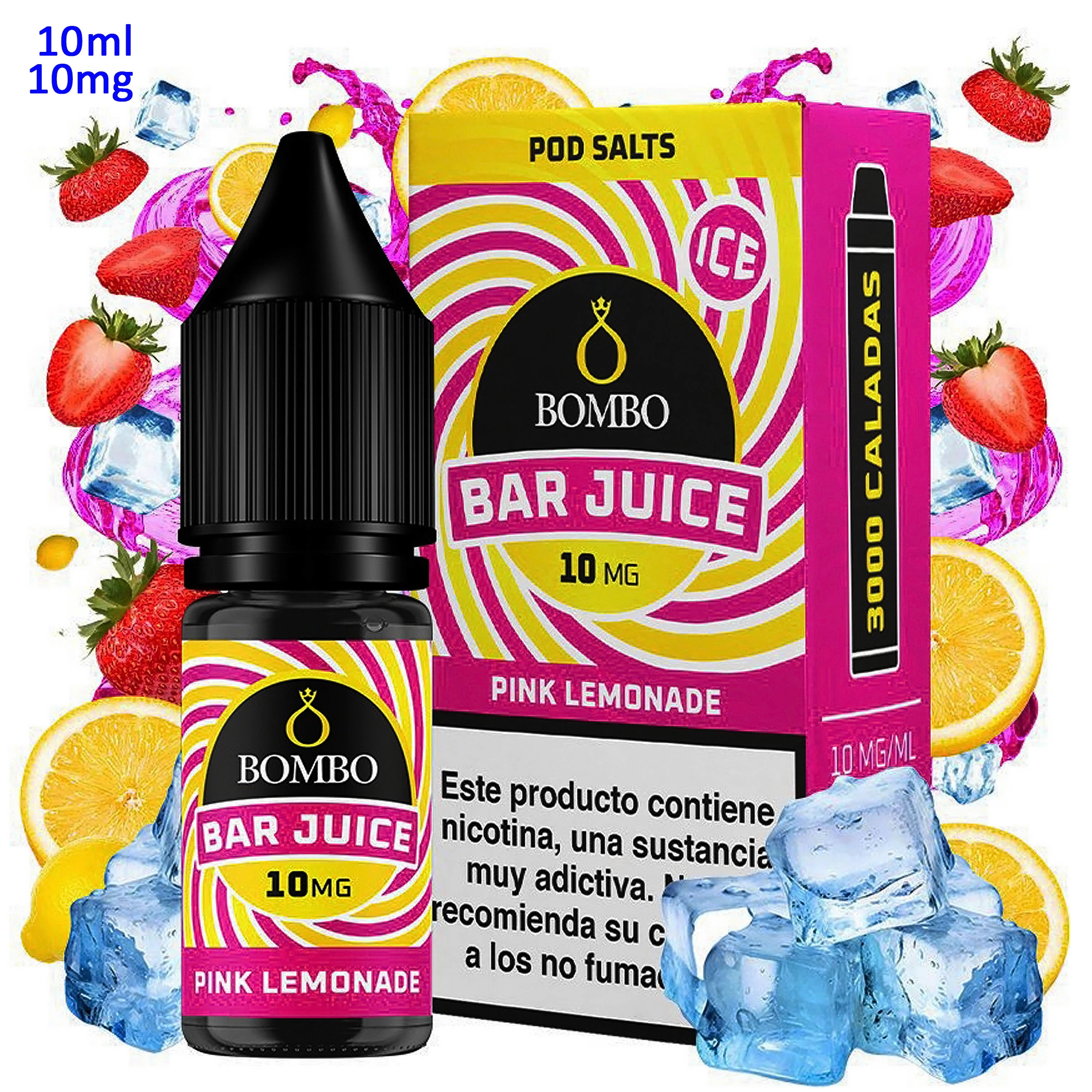 Frasco y caja de Bar Juice Bombo Pink Lemonade Ice de 10 mg/ml, con diseño rosa y amarillo, rodeados de fresas, limones y hielo.