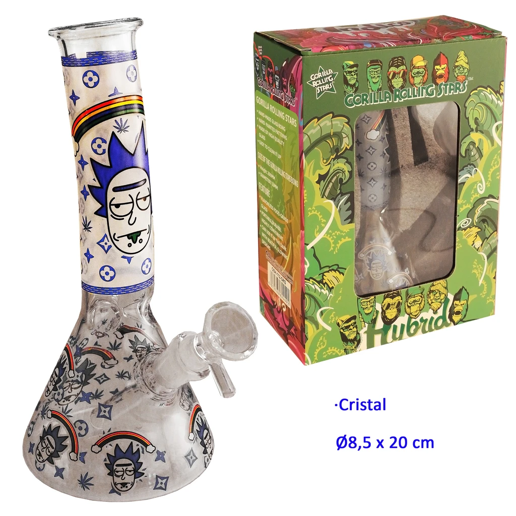 Bong de cristal Hybrid con base ancha, monogramas azules, caras de dibujos y arcoíris, junto a su caja verde con ventana.