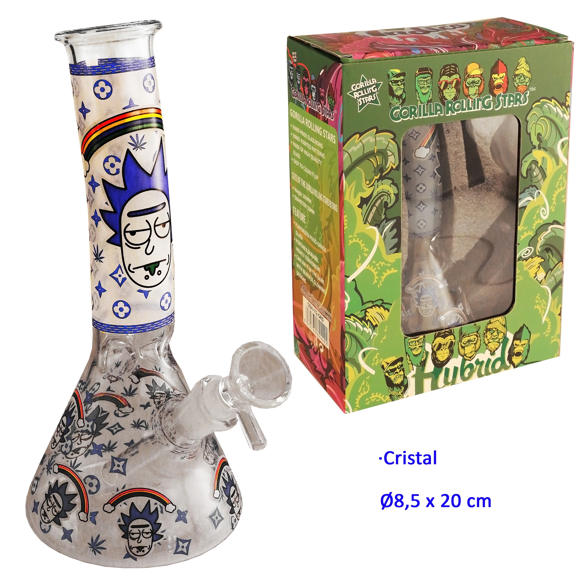 Bong de cristal Hybrid con base ancha, monogramas azules, caras de dibujos y arcoíris, junto a su caja verde con ventana.