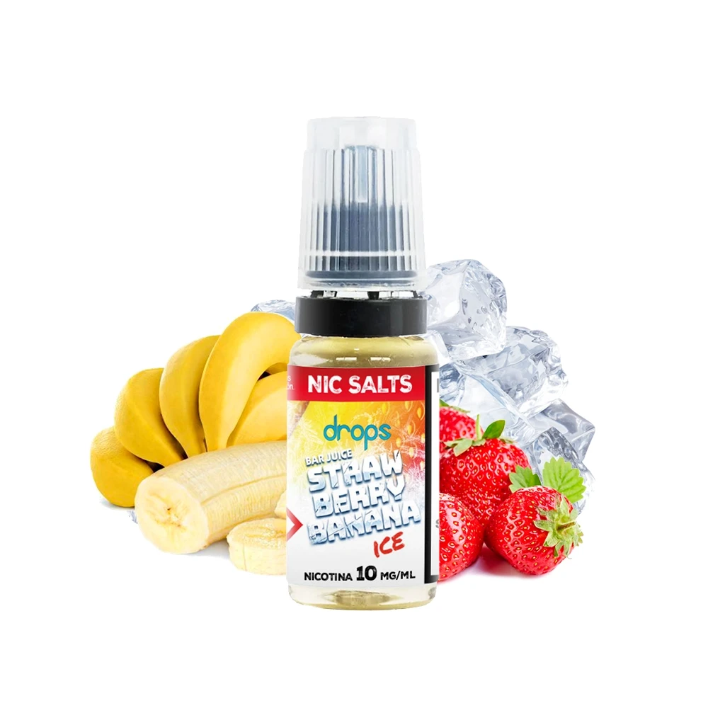 Frasco Drops Bar Juice Salts Strawberry Banana Ice de 10 mg/ml con tapón transparente, acompañado de plátanos, fresas y hielo.