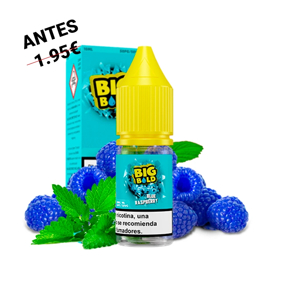 Frasco Big Bold Blue Razz con tapón amarillo y etiqueta turquesa, junto a su caja, frambuesas azules y hojas verdes.