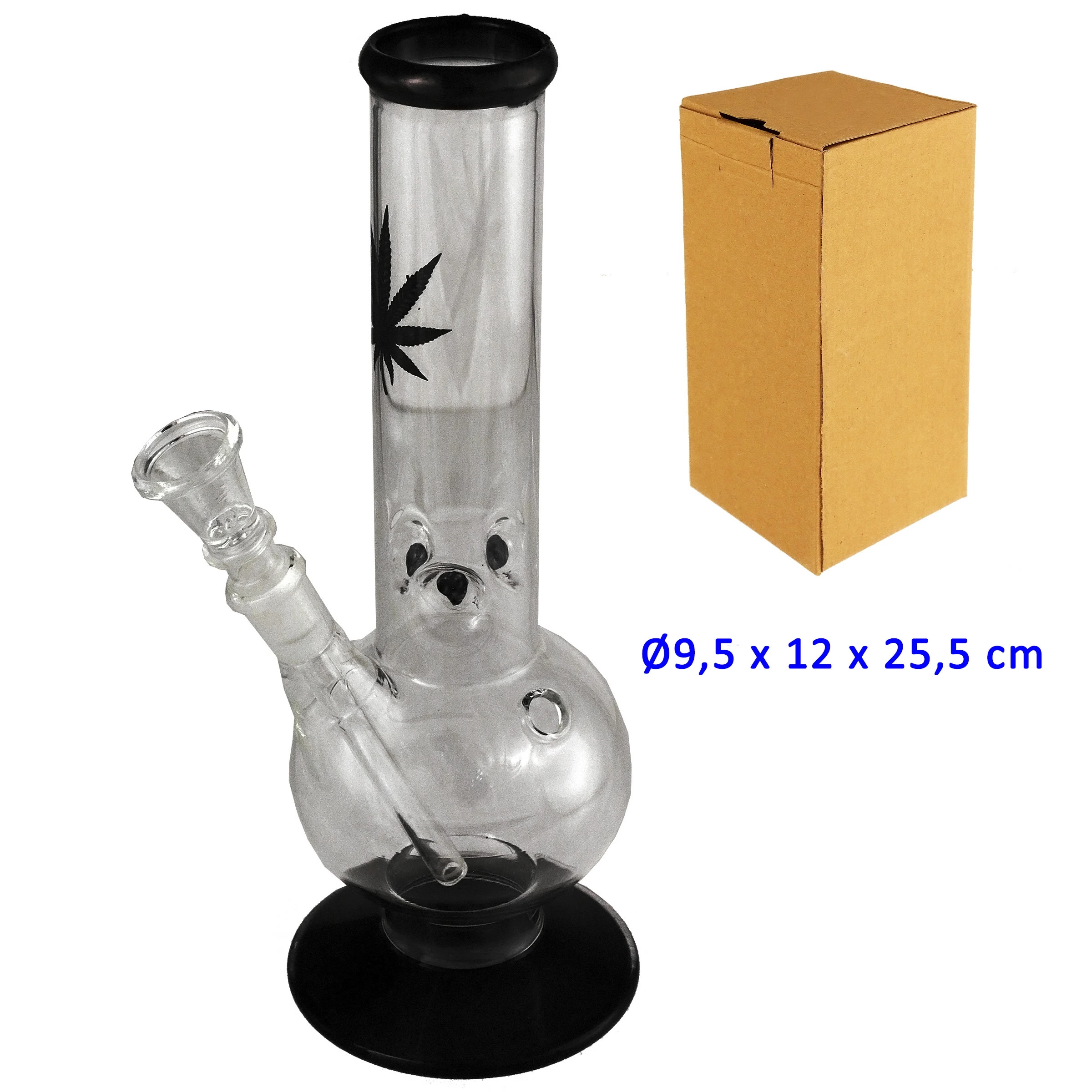 Bong transparente con base y boquilla negras, depósito redondeado y hoja negra decorativa, junto a una caja de cartón.