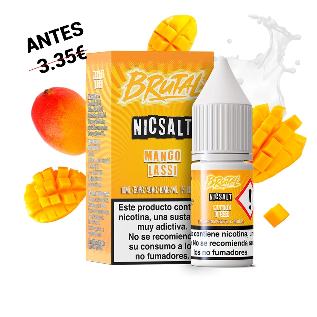 Frasco con tapón blanco y caja naranja de Brutal Mango Lassi, con advertencias de nicotina, rodeados de mangos y una salpicadura blanca.
