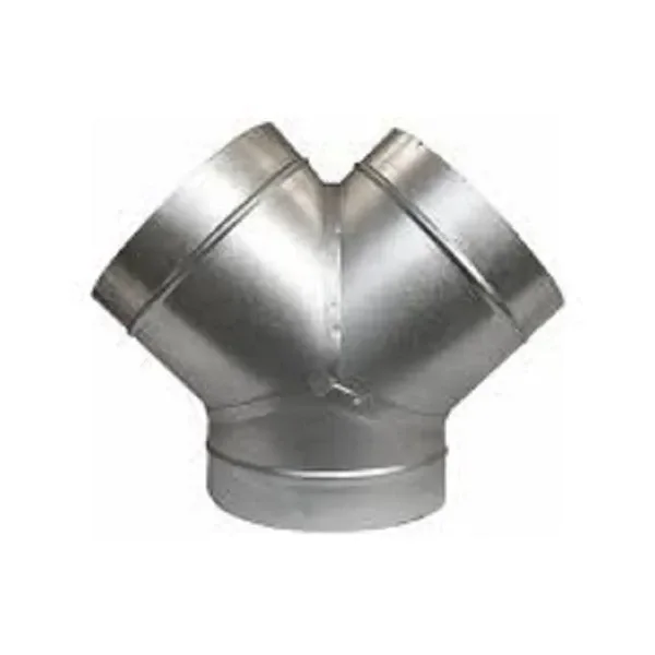 Unión Vents de 100 mm en forma de Y, de acabado plateado, con dos ramales inclinados y una boca inferior circular sobre fondo blanco.