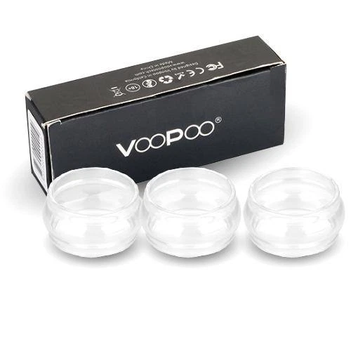Varios tubos transparentes VOOPOO Uforce Glass Tube, de perfil abombado, alineados delante de una caja negra con el logotipo de la marca. Varios tubos transparentes VOOPOO Uforce Glass Tube, de perfil abombado, alineados delante de una caja negra con el logotipo de la marca.