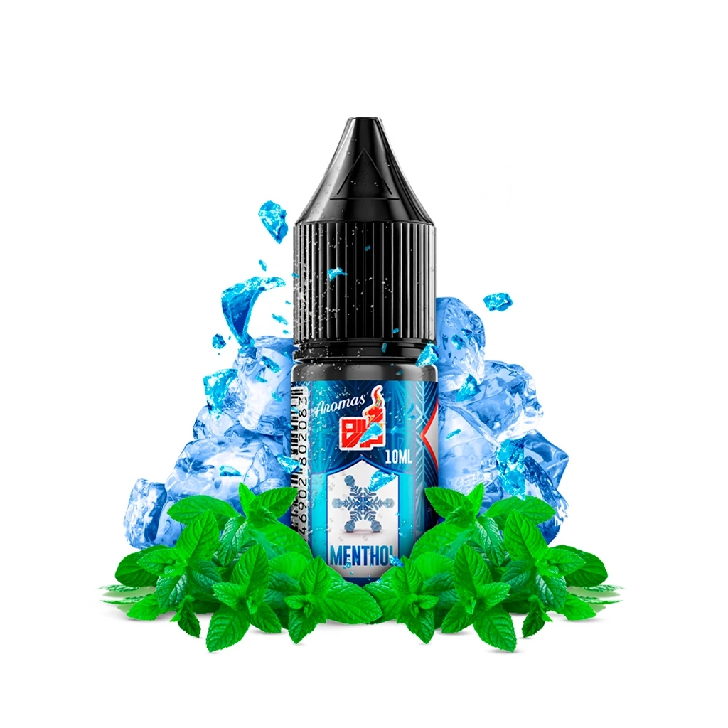 Frasco de Oil4Vap Iced Menthol de 10 ml con tapón negro y etiqueta azul, rodeado de cubitos de hielo y hojas verdes de menta.