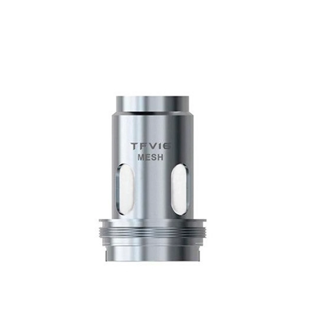 Resistencia Smok TFV16 Mesh cilíndrica y plateada, con ventanas laterales blancas, inscripción frontal y rosca en la base.