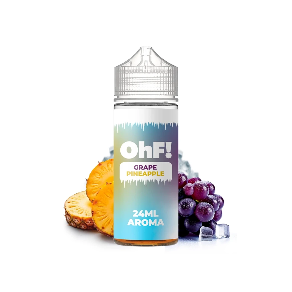 Frasco OhF Ice Grape Pineapple Longfill con etiqueta de 24 ml de aroma, acompañado de piña, uvas moradas y cubitos de hielo.