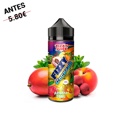 Bote Fizzy Juice Cocktail con tapón negro y etiqueta «Aroma 24 ml», rodeado de frutas y hojas verdes sobre fondo blanco.