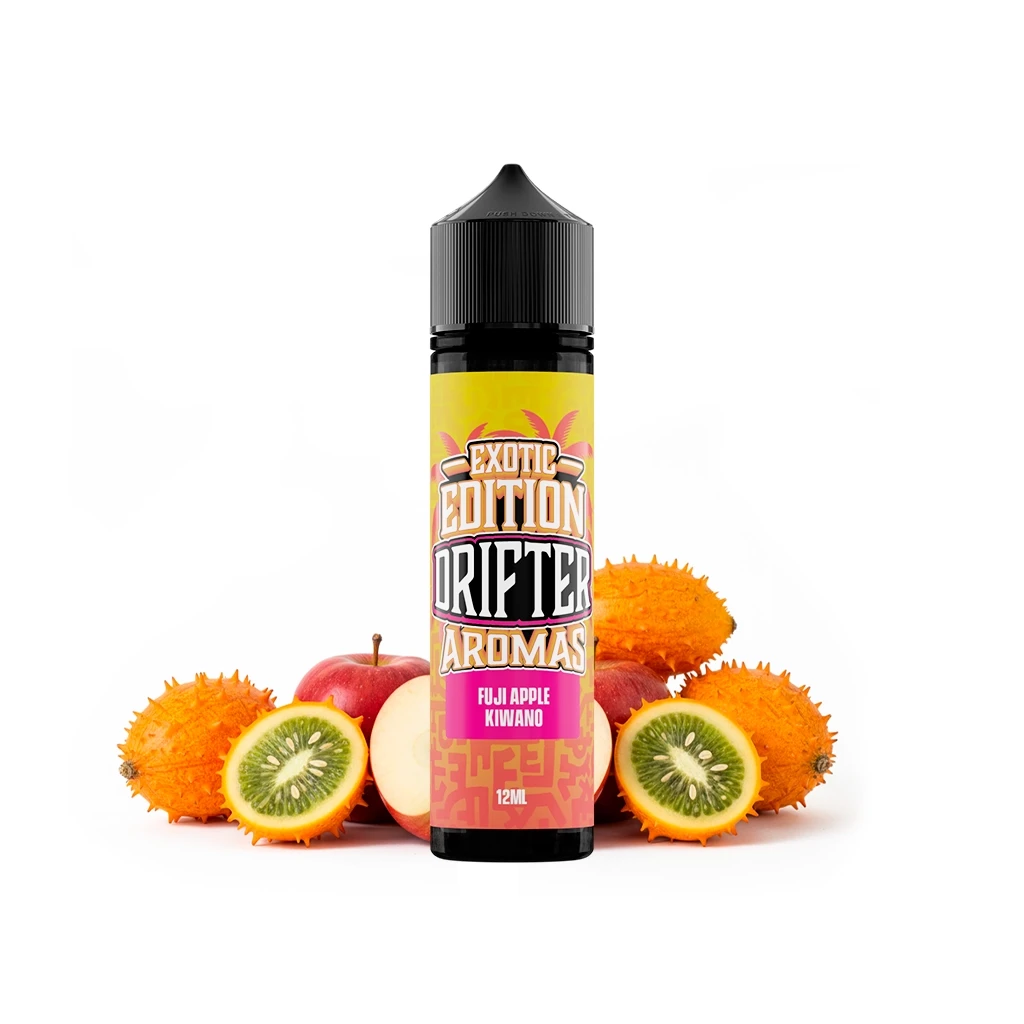 Frasco Drifter Exotic Fuji Apple Kiwano de 12 ml con etiqueta amarilla y rosa, rodeado de manzanas y kiwanos enteros y cortados.