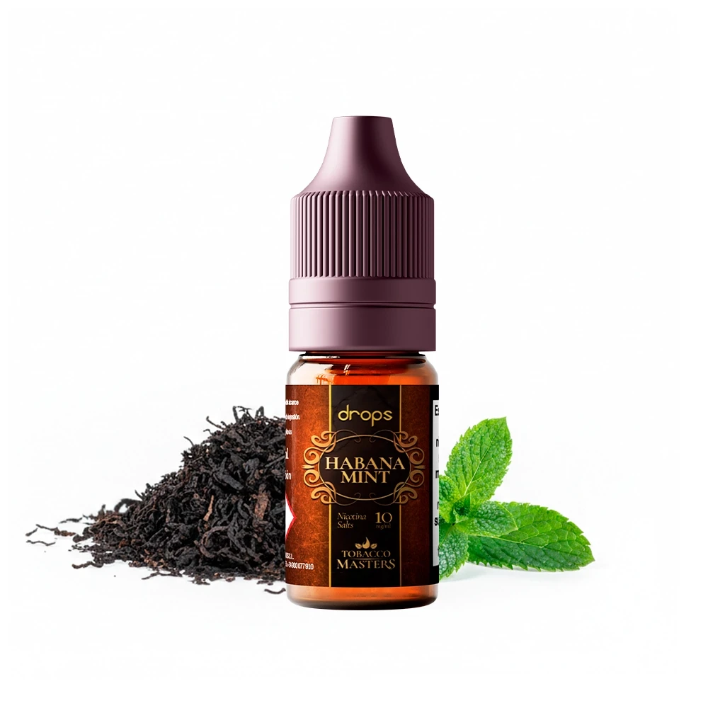 Frasco Drops Tobacco Masters Salts Habana Mint con tapón morado, acompañado de tabaco picado y hojas de menta sobre fondo blanco.