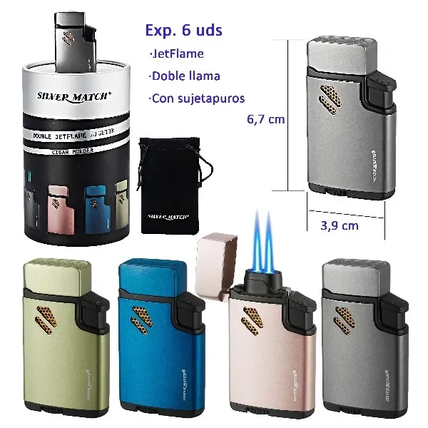 Encendedores jet Rio Silver Match en varios colores, con tapa abatible, detalle de doble llama azul, funda negra y expositor cilíndrico.